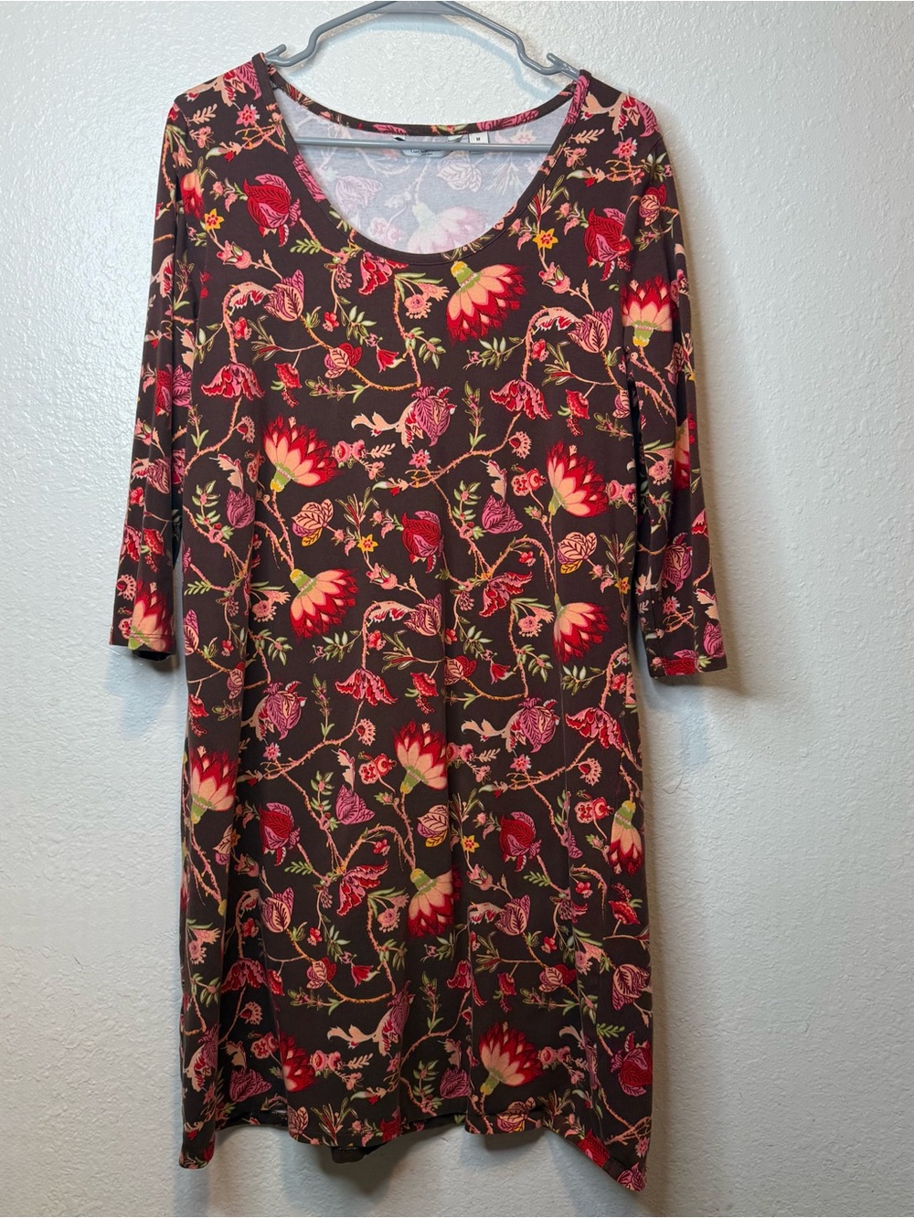 Liz Claiborne New York Chocolate Brown Knit Floral 3/4 Sleeve Dress Size Medium